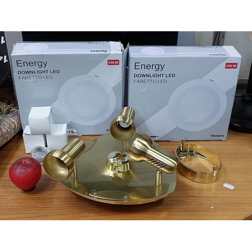 419 - Three items an Eterna satin brass three plate spotlight and two LED down lighters. All brand new. (3... 