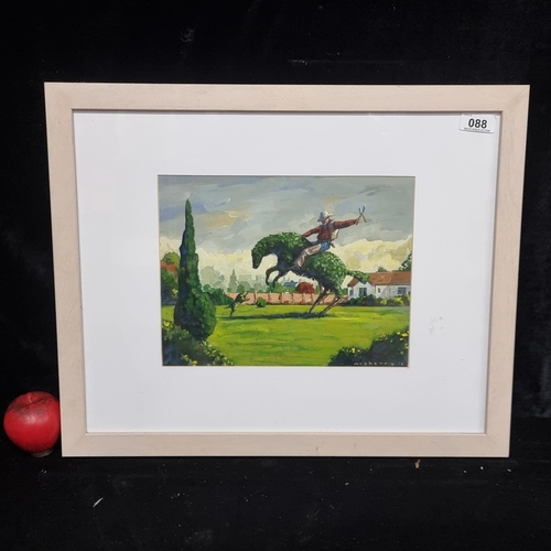 Star Lot : An original Kevin McSherry (Irish contemporary) oil on board painting. Features a cowboy riding a topiary bucking bronco. Signed bottom right and housed in  a painted wooden frame behind glass.
Kevin McSherry has been producing artwork for advertising agencies, newspapers, magazines and designers for the past 12 years. He has a broad base of clients including The Irish Times, The Wall Street Journal, Bank of Ireland, Magill Magazine and Allied Irish Bank to name but a few. He has exhibited his work through solo shows in the Alliance Francaise and in group shows at The Guinness Storehouse Gallery, the Chester Beatty Library, The Oisin Gallery, Dublin and the Blackbird Gallery, Kilkenny.