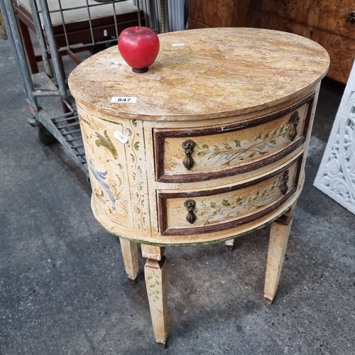 847 - A lovely French oval Side table or locker with 2 drawers with hand painted and  marbleised finish.