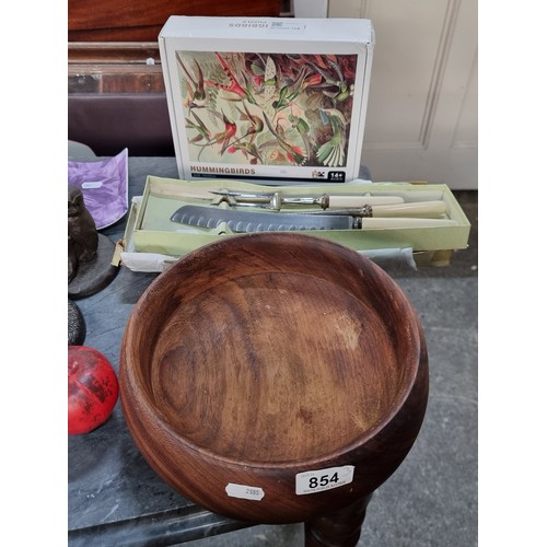 854 - Three items inc a lovely turned wood bowl, sealed jig saw and new, m vintage carving set.