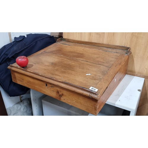 873 - A Good late Victorian table top, writing slope in golden oak with lift up storage and gallery back. ... 