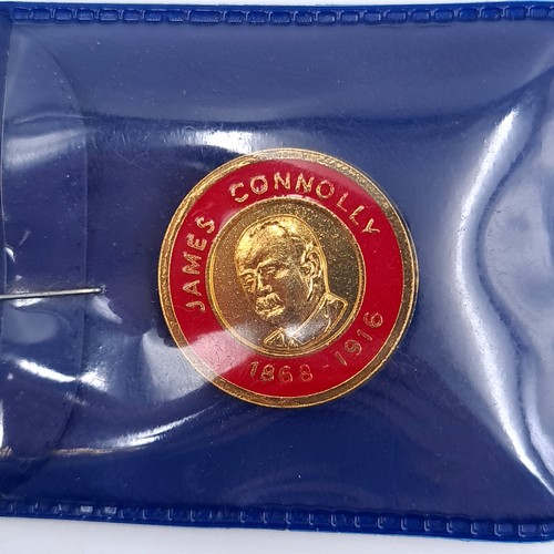 46 - A collection of lapel badges, two for James Connolly and three union badges, contained in vintage sw... 