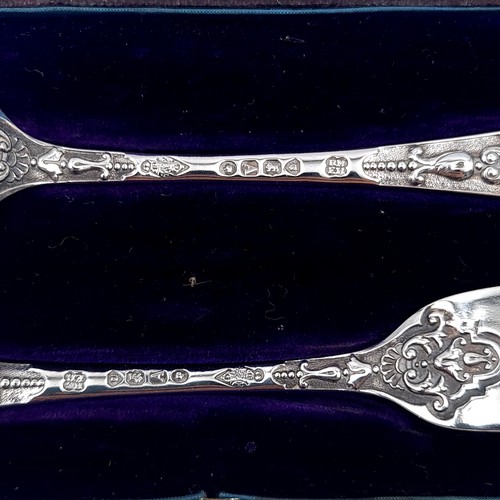 605 - A sterling silver Victorian spoon and fork set, hallmarked London 1876, spoons initialled with fine ... 