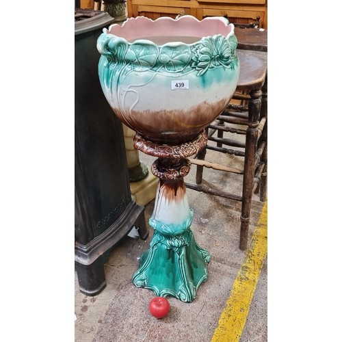 649 - Star Lot : A striking High victorian 19 century Majolica jardiniere in shades of turquoise, pink and... 