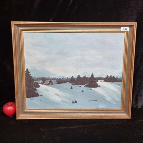 102 - A charming acrylic on board featuring a snowy landscape with dark evergreen trees enclosing two log ... 