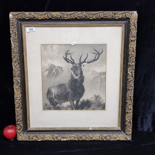 103 - Star Lot: A magnificent original charcoal and pencil sketch of a majestic stag silhouetted by snow c... 