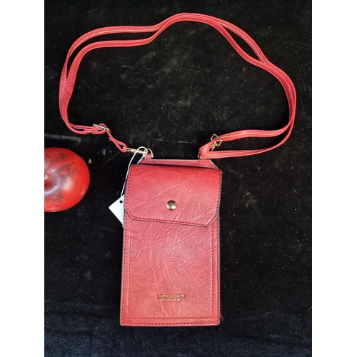 129 - A fabulous Long & Son London phone purse / crossbody bag in cherry red leather with detachable strap... 