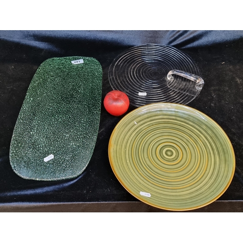 149 - 3 fabulous studio glass and pottery items. Including a Craft green glazed plate, a large pressed gre... 