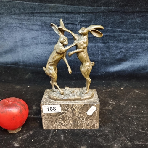 168 - Star Lot : A gorgeous heavy bronze sculpture of two dueling hares. Signed J.B Deposee Paris. Sat on ... 