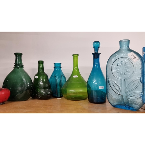 170 - Six gorgeous pieces of Antique to Mid Century colourful art studio glassware including a decanter wi... 