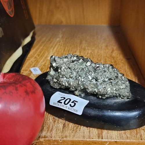 205 - A fantastic piece of natural fools gold (iron pyrite) sat on a wooden base.