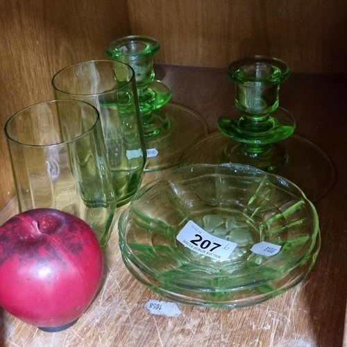 207 - Six fabulous pieces of uranium glassware dating to the 1930s, including two saucers with etched frui... 