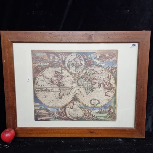 110 - A large vintage print of an antique engraved world map originally dating to the 17th century. Featur... 