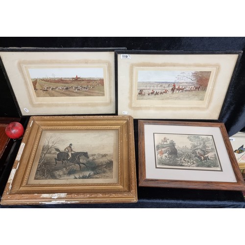 119 - 4 early 20th century aquatint engravings and vintage coloured prints of equestrian hunting themes. I... 