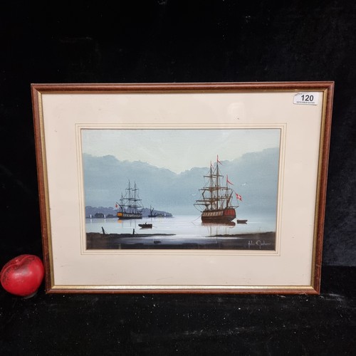 120 - A lovely original oil on board painting showing a maritime scene of tall ships on a still bay. Nicel... 