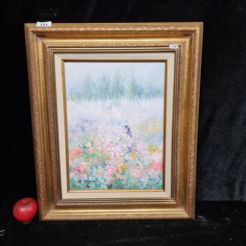 121 - A delightful original oil on canvas painting featuring a landscape scene of a vibrant meadow with a ... 