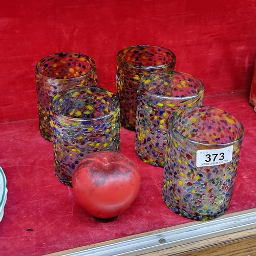 373 - A wonderful and vibrant set of 5 mid century heavy hand blown multi-coloured confetti tumblers. Pont... 