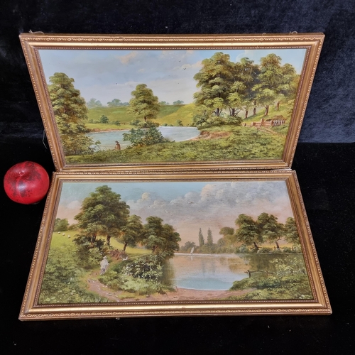 63 - A lovely pair of original oil on board paintings showing traditional rural landscape scenes of rolli... 