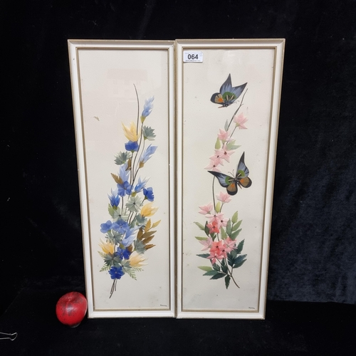 64 - A delightful pair of vintage original feather and mixed media on paper artworks displaying flowers a... 