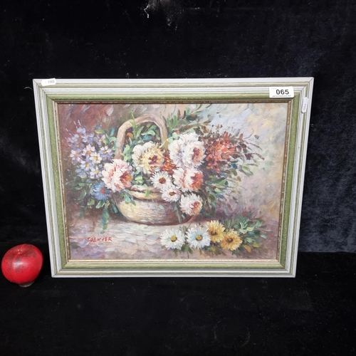 65 - A charming original oil on canvas painting showing a blossoming display of flowers held on a basket,... 