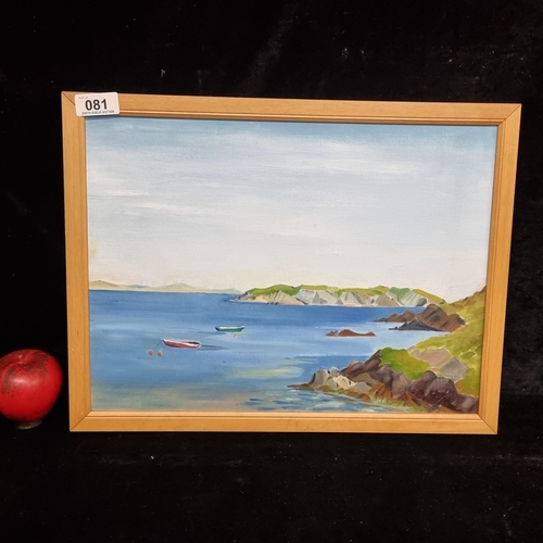 81 - A delightful original acrylic on board painting featuring a coastal landscape scene of some rowboats... 