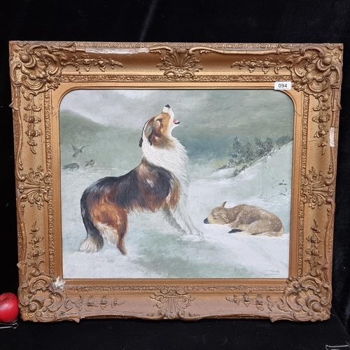 94 - An evocative and large original oil on canvas painting featuring a howling dog with a little lamb al... 