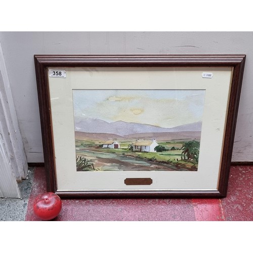 358 - A charming watercolour on paper painting featuring a traditional rural Irish landscape with cottages... 