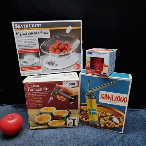 388 - A set of 4 brand new boxed kitchen items. Including a blow torch, a Sawa 2000 piping machine, a digi... 