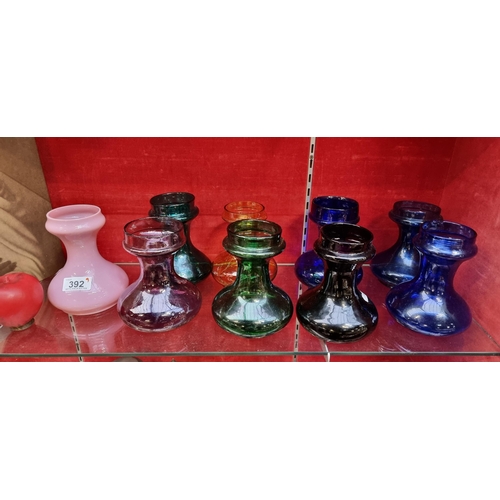 392 - A beautiful colourful set of 9 vintage handblown glass hyacinth vases in fabulous colours. Pontil Ma... 