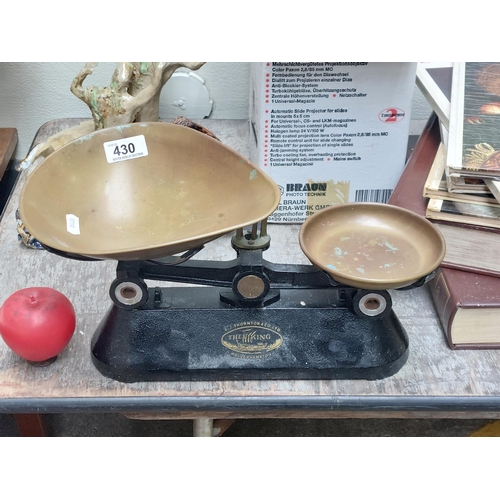 430 - An excellent example of a vintage F.J Thornton & Co. Ltd cast metal weighing scales with brass tray ... 