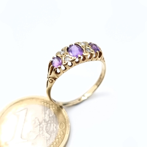 503 - Star Lot : An attractive amethyst and diamond stone vintage ring, size Q, weight 1.94 grams, boxed.