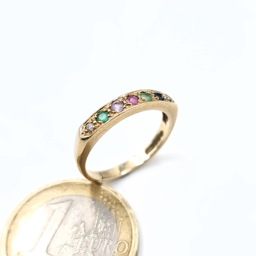 505 - Star Lot : A very pretty antique ring set with diamonds, rubies and emeralds and sapphires, set in 9... 