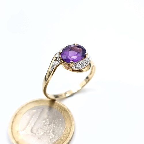 506 - Star Lot : A 9K gold amethyst stone ring set with diamond twist set mount, size T, weight 2.6 grams,... 