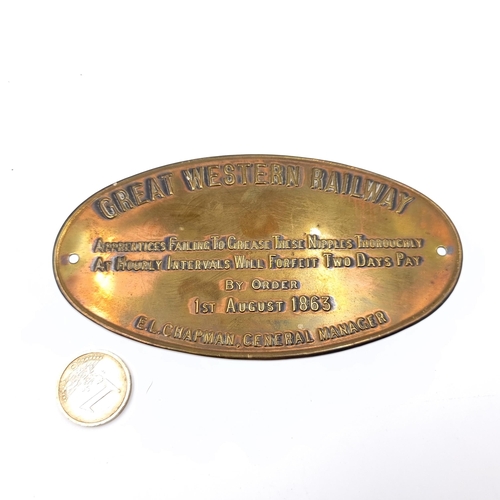 530 - A great western railway instruction plate, dated 1st of August 1863, dimensions 14cmx7cm, weight 27.... 