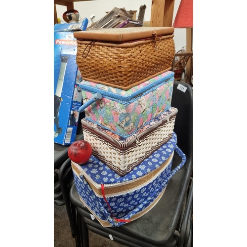 704 - Four adorable wicker sewing baskets containing sowing equipment including needles and thread, pin ba... 