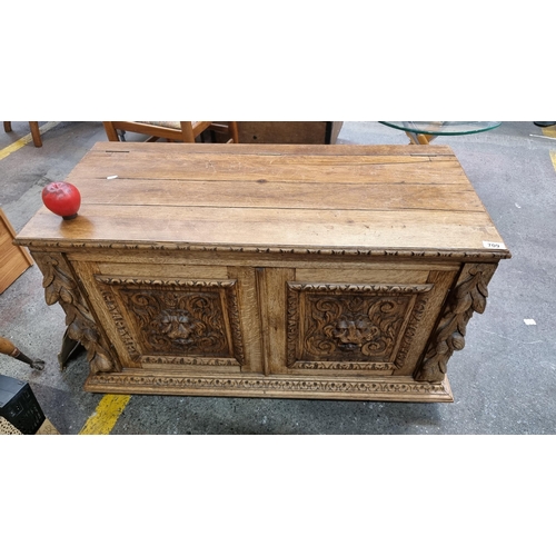 709 - A truly stunning 19th century French Henri II carved bleached oak hunt chest. The chest is dressed w... 