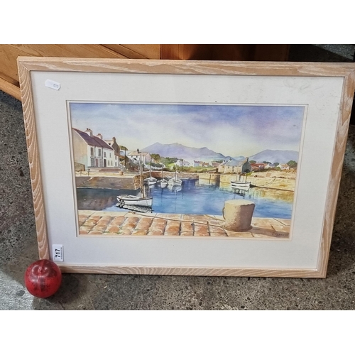 717 - A tranquil original watercolour on paper painting featuring a harbour scene of fishing boats moored ... 