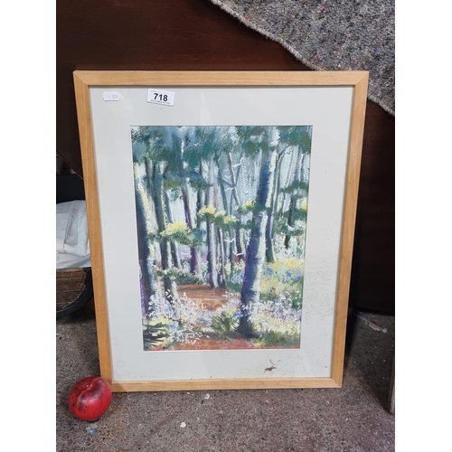 718 - An enticing original pastel on paper painting featuring a forested landscape scene with tall trees c... 