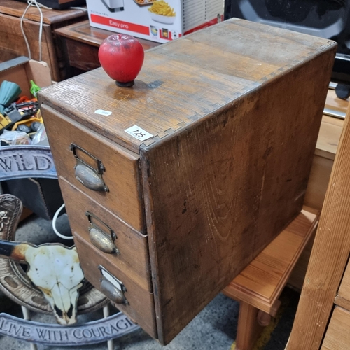 725 - Star Lot : A gorgeous antique stained pine three drawer solicitors filling cabinet boasting brass cu... 