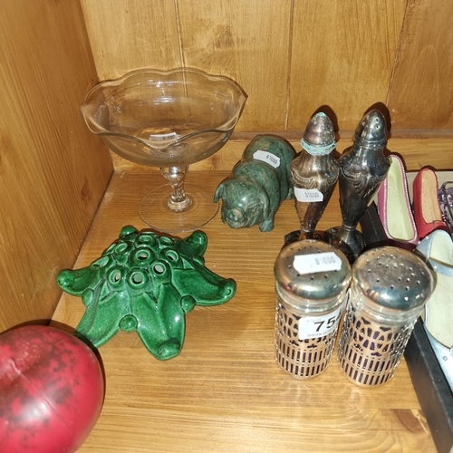 754 - Seven items consisting of two pairs of EPNS salt and pepper shakers and a  pedestal bowl with a scal... 