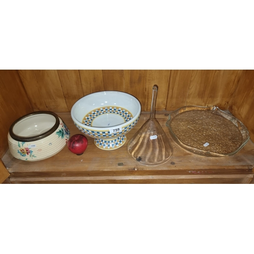 759 - Four items including a stylish decorative large pedestal bowl featuring a checkered blue and orange ... 