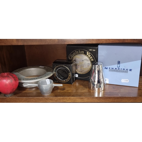 767 - Five items including a Newbridge Silverware salt and pepper shaker in original box and an unusual Ja... 