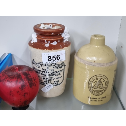 856 - Two lovely vintage stoneware containers including a rare honey jug from Minnesota stamped 