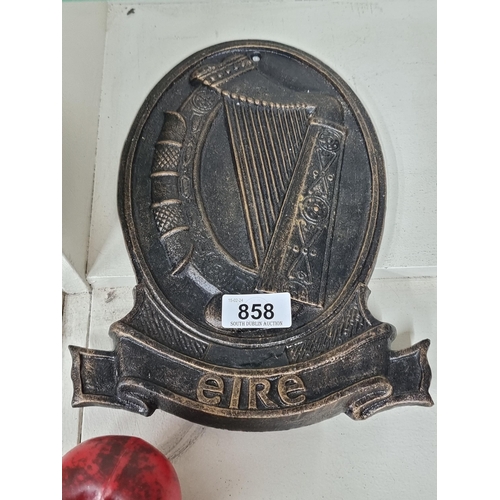 858 - A commemorative heavy cast iron Celtic harp plaque. This specific plaque is to commemorate 100 years... 