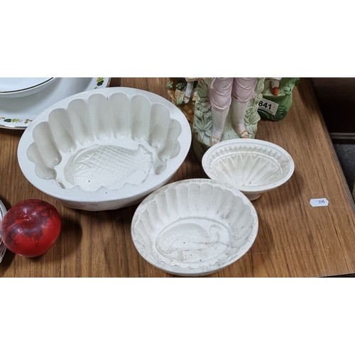 845 - Three antique ironstone jelly / sponge moulds in a variety of sizes and decorations including a Fent... 