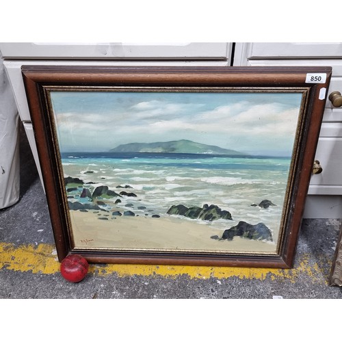 850 - Star Lot: A vintage original Irish School oil on board painting featuring a coastal landscape scene ... 