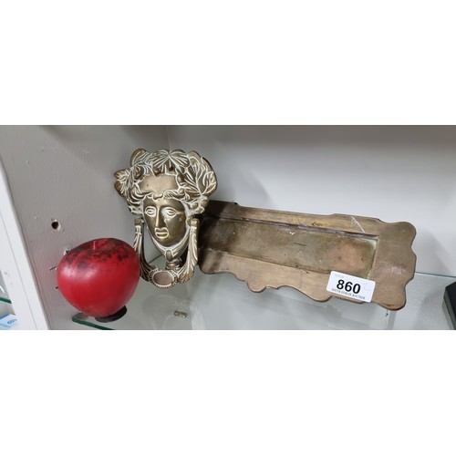 860 - A vintage  Athena's face Irish Door knocker and a heavy brass letter box. Both rare pieces and are v... 