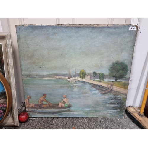 957 - Star Lot : A large vintage original oil on canvas painting showing a serene lakeside composition of ... 