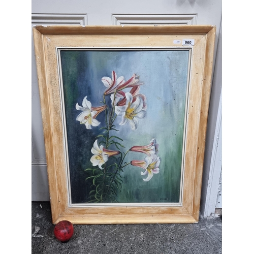 960 - Star Lot : A delightful large original oil on board painting featuring a study of lilies rendered in... 