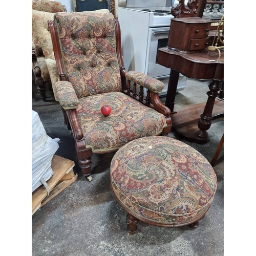 1003 - Star Lot : a fabulous Victorian-style armchair and footstool with rich, tapestry upholstery and soli... 